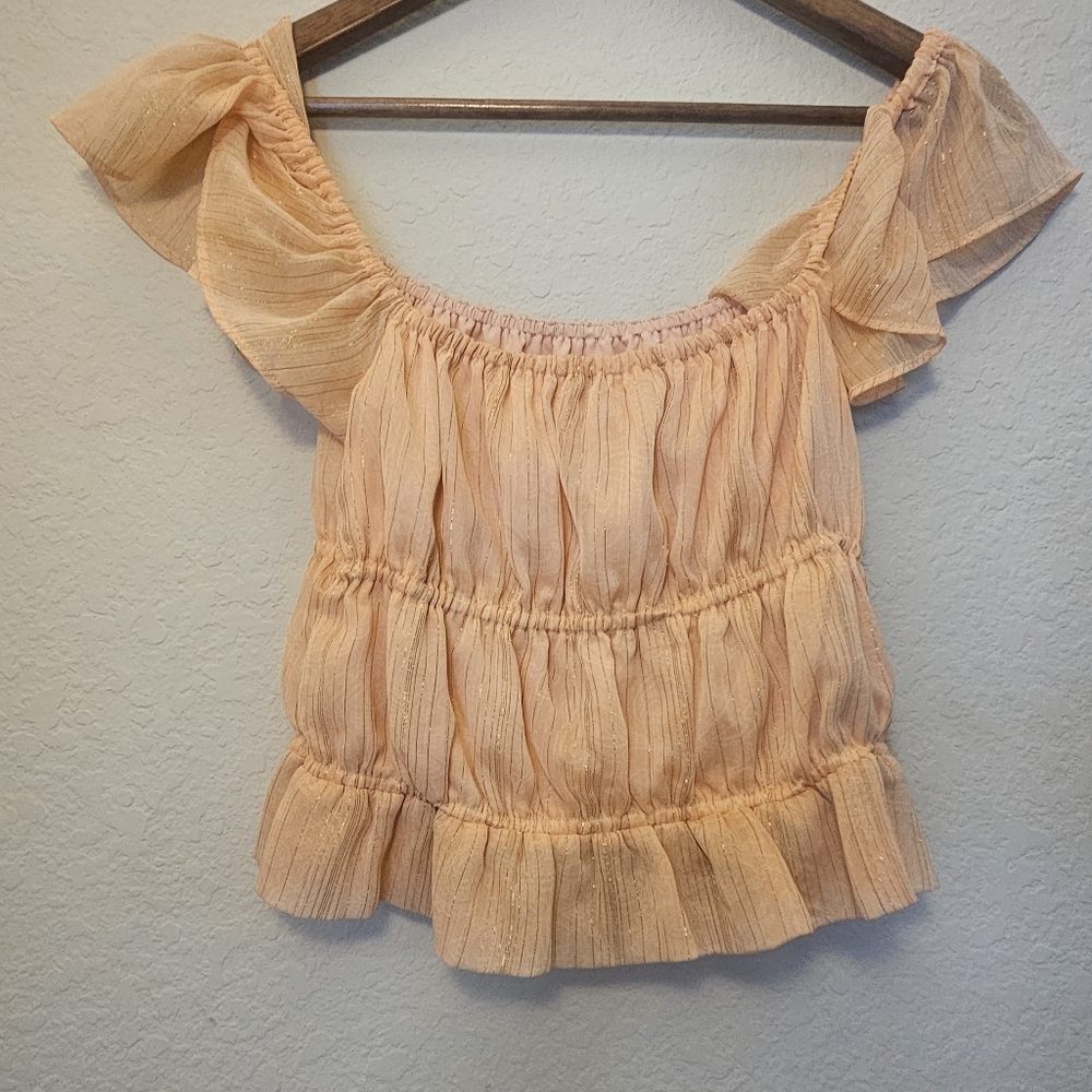 Express Peplum Top Womens Medium Orange Gold Sparkle Feminine Cottagecore Blouse